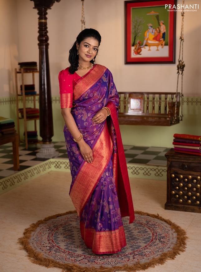 Semi kanchipuram soft silk saree duak shade of purple and pink with allover thread & zari weaves & buttas and zari woven border