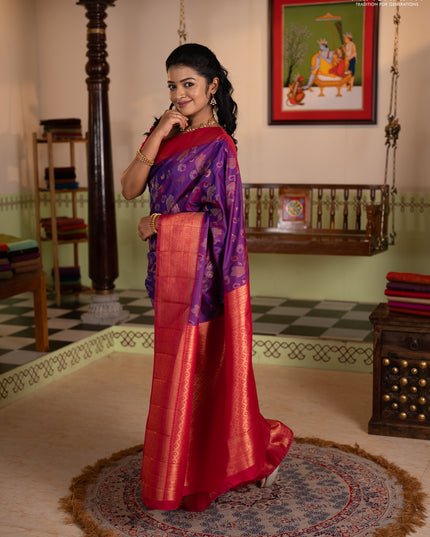Semi kanchipuram soft silk saree duak shade of purple and pink with allover thread & zari weaves & buttas and zari woven border