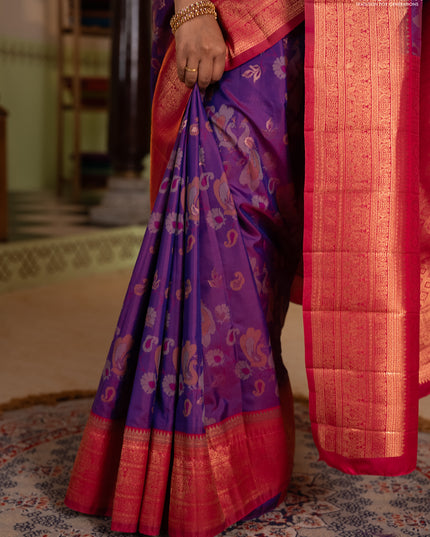 Semi kanchipuram soft silk saree duak shade of purple and pink with allover thread & zari weaves & buttas and zari woven border