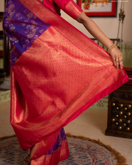 Semi kanchipuram soft silk saree duak shade of purple and pink with allover thread & zari weaves & buttas and zari woven border