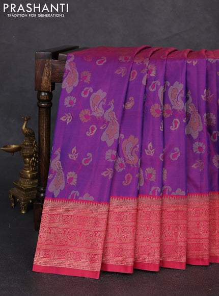 Semi kanchipuram soft silk saree duak shade of purple and pink with allover thread & zari weaves & buttas and zari woven border
