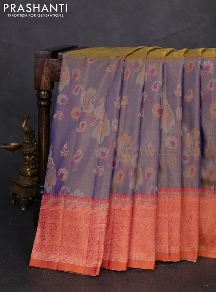 Semi kanchipuram soft silk saree dual shade of bluish yellow and rust shade with allover thread & zari weaves & buttas and zari woven border