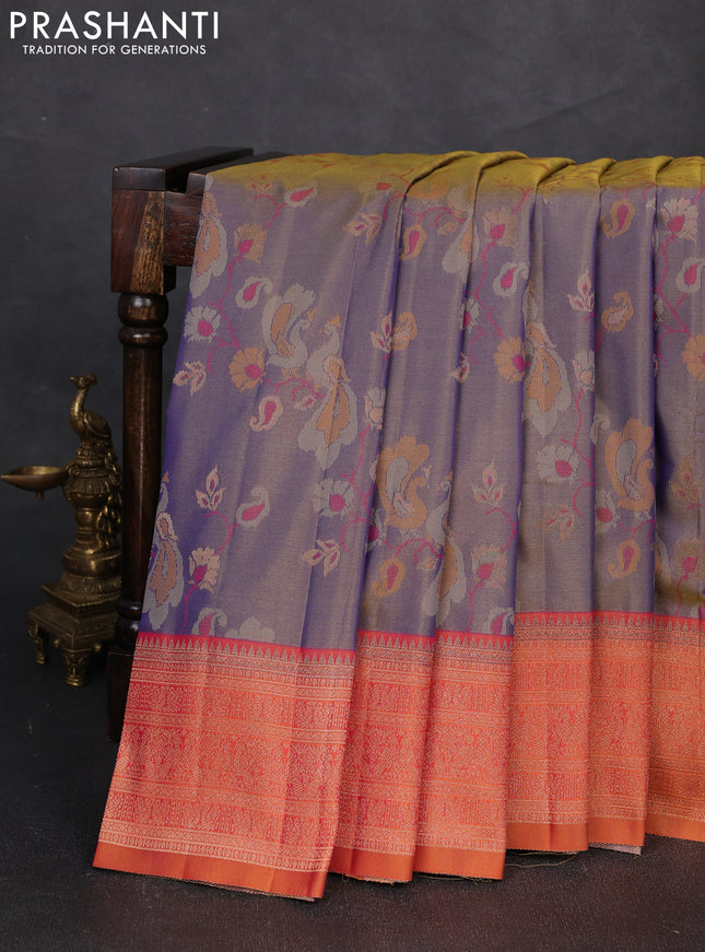 Semi kanchipuram soft silk saree dual shade of bluish yellow and rust shade with allover thread & zari weaves & buttas and zari woven border
