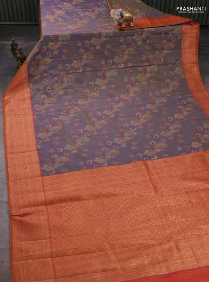 Semi kanchipuram soft silk saree dual shade of bluish yellow and rust shade with allover thread & zari weaves & buttas and zari woven border