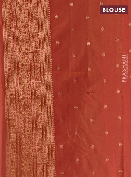 Semi kanchipuram soft silk saree dual shade of bluish yellow and rust shade with allover thread & zari weaves & buttas and zari woven border