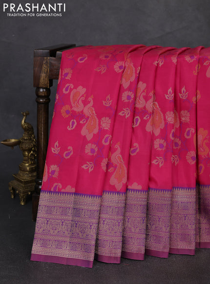 Semi kanchipuram soft silk saree pink and purple with allover thread & zari weaves & buttas and zari woven border