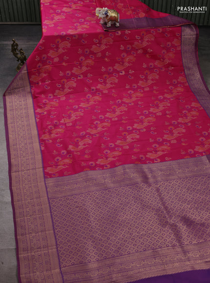Semi kanchipuram soft silk saree pink and purple with allover thread & zari weaves & buttas and zari woven border