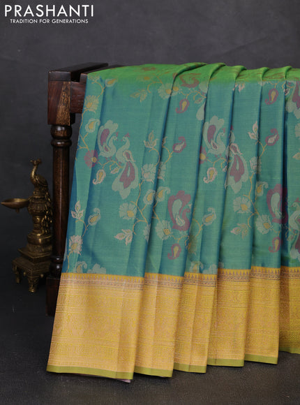 Semi kanchipuram soft silk saree dual shade of green and lime yellow with allover thread & zari weaves & buttas and zari woven border