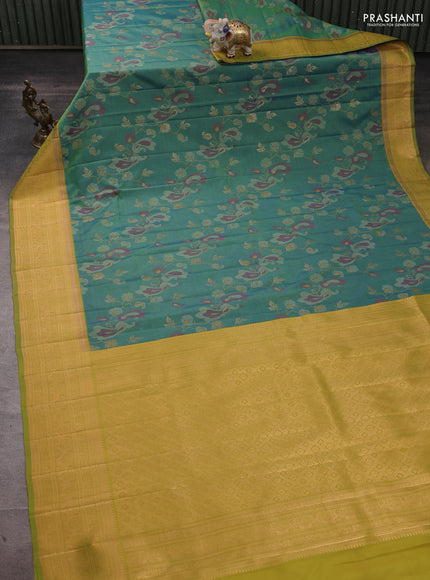 Semi kanchipuram soft silk saree dual shade of green and lime yellow with allover thread & zari weaves & buttas and zari woven border