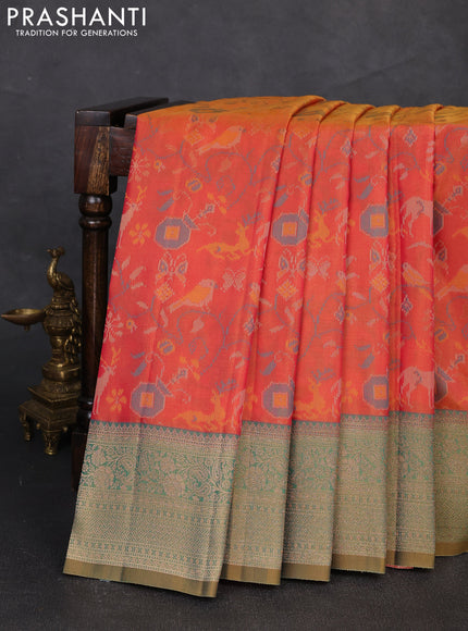 Semi kanchipuram soft silk saree rust shade and mustard green with allover thread & zari weaves and zari woven border
