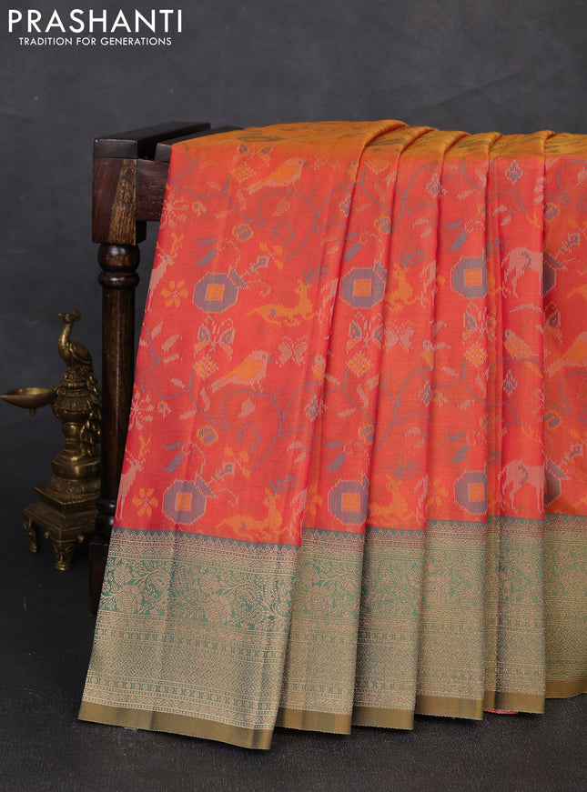 Semi kanchipuram soft silk saree rust shade and mustard green with allover thread & zari weaves and zari woven border