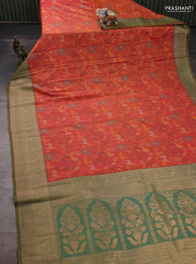 Semi kanchipuram soft silk saree rust shade and mustard green with allover thread & zari weaves and zari woven border