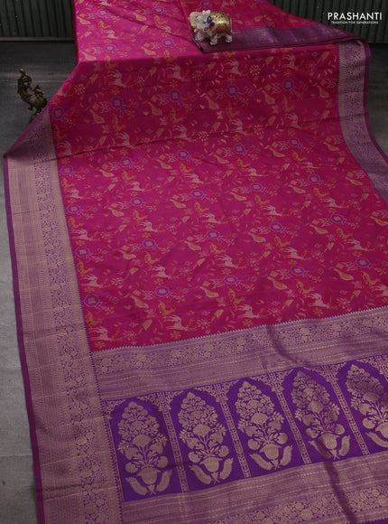 Semi kanchipuram soft silk saree pink and purple with allover thread & zari weaves and zari woven border