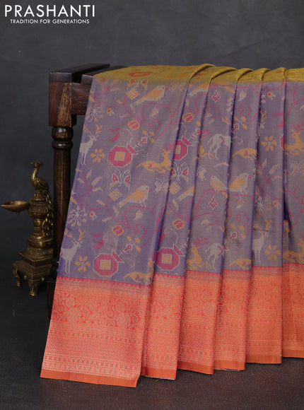 Semi kanchipuram soft silk saree dual shade of bluish yellow and rust shade with allover thread & zari weaves and zari woven border