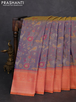 Semi kanchipuram soft silk saree dual shade of bluish yellow and rust shade with allover thread & zari weaves and zari woven border