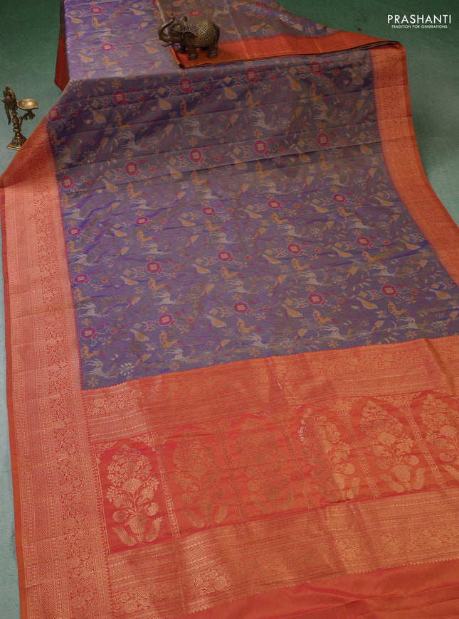 Semi kanchipuram soft silk saree dual shade of bluish yellow and rust shade with allover thread & zari weaves and zari woven border