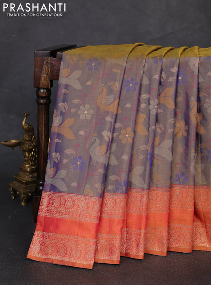 Semi kanchipuram soft silk saree dual shade of bluish green and rust shade with allover thread & zari woven buttas and rettapet zari woven border