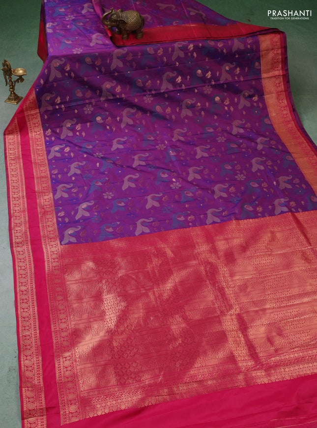 Semi kanchipuram soft silk saree dual shade of purple and pink with allover thread & zari woven buttas and rettapet zari woven border