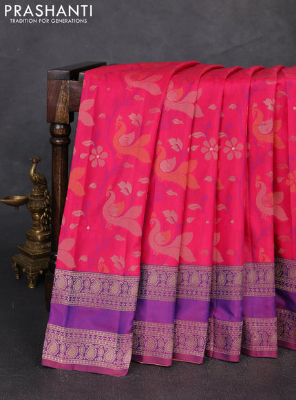 Semi kanchipuram soft silk saree pink and purple with allover thread & zari woven buttas and rettapet zari woven border