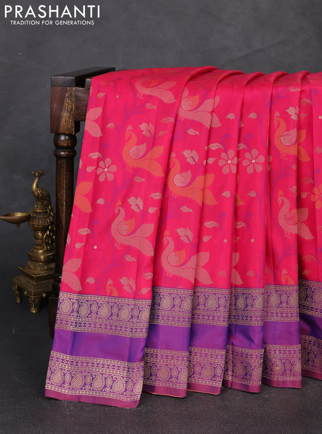 Semi kanchipuram soft silk saree pink and purple with allover thread & zari woven buttas and rettapet zari woven border