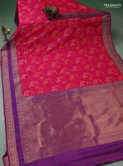 Semi kanchipuram soft silk saree pink and purple with allover thread & zari woven buttas and rettapet zari woven border