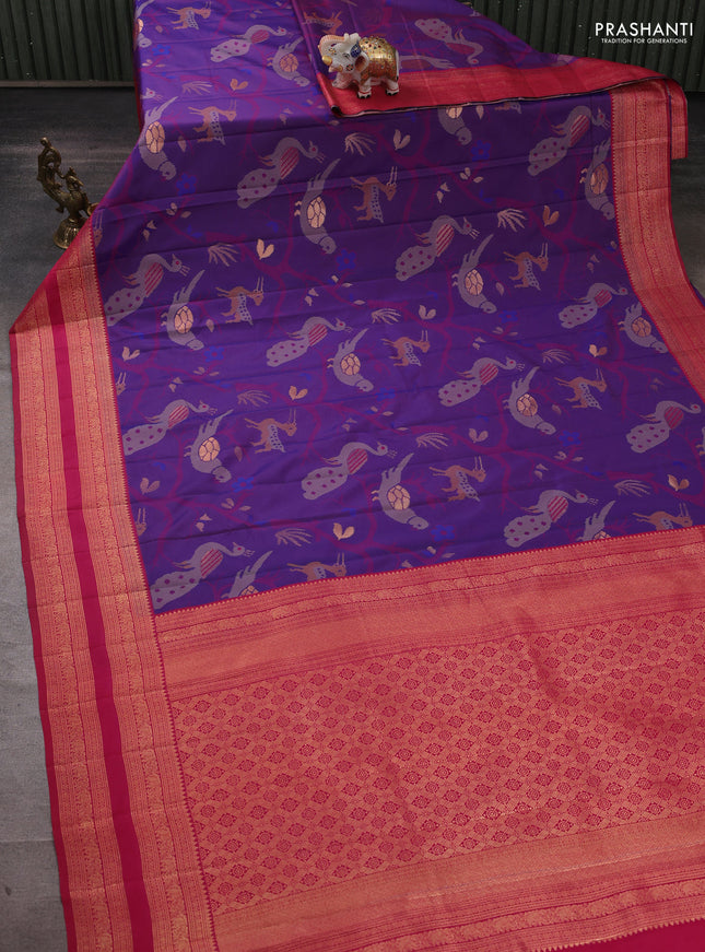 Semi kanchipuram soft silk saree dual shade of purple and pink with allover thread & zari weaves and rettapet zari woven border