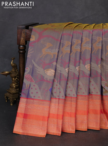 Semi kanchipuram soft silk saree dual shade of bluish yellow and rust shade with allover thread & zari weaves and rettapet zari woven border