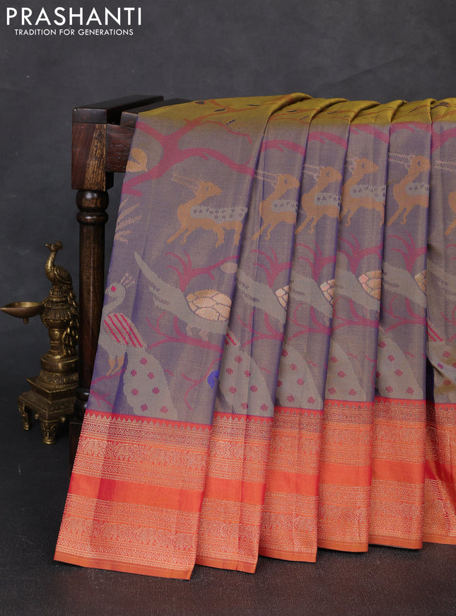 Semi kanchipuram soft silk saree dual shade of bluish yellow and rust shade with allover thread & zari weaves and rettapet zari woven border
