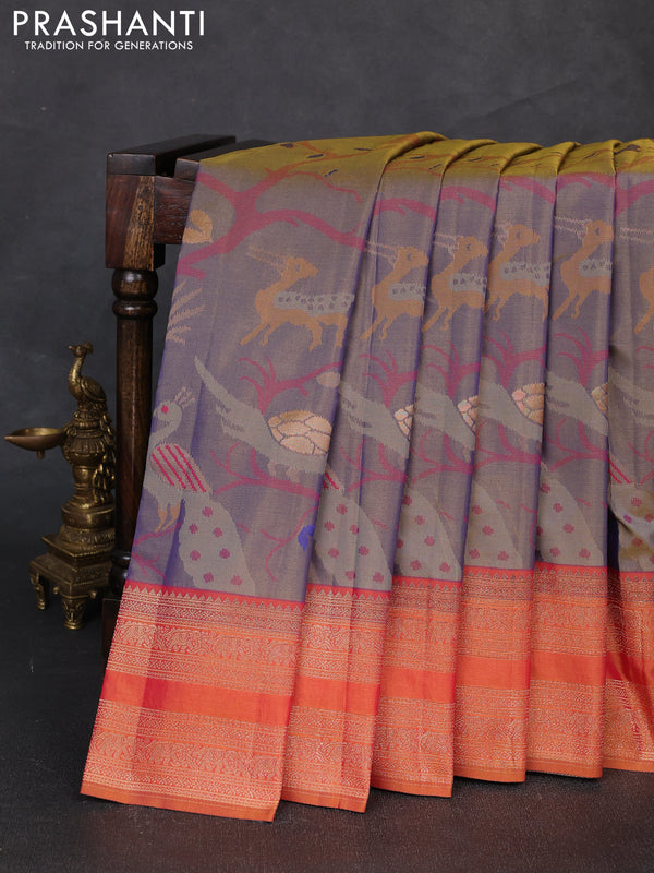 Semi kanchipuram soft silk saree dual shade of bluish yellow and rust shade with allover thread & zari weaves and rettapet zari woven border