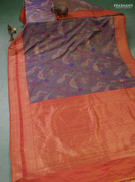 Semi kanchipuram soft silk saree dual shade of bluish yellow and rust shade with allover thread & zari weaves and rettapet zari woven border