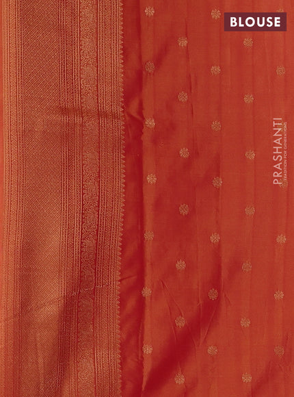 Semi kanchipuram soft silk saree dual shade of bluish yellow and rust shade with allover thread & zari weaves and rettapet zari woven border