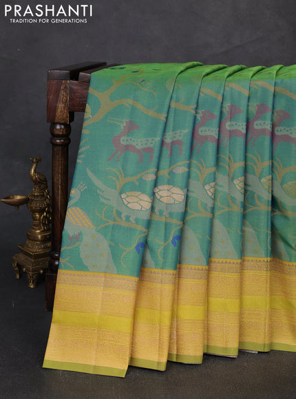Semi kanchipuram soft silk saree dual shade of bluish green and mustard green with allover thread & zari weaves and rettapet zari woven border