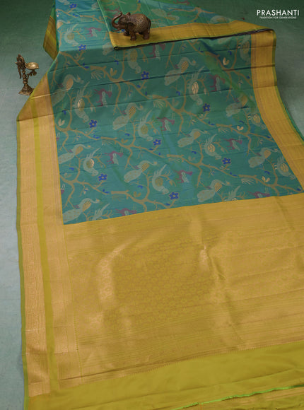 Semi kanchipuram soft silk saree dual shade of bluish green and mustard green with allover thread & zari weaves and rettapet zari woven border