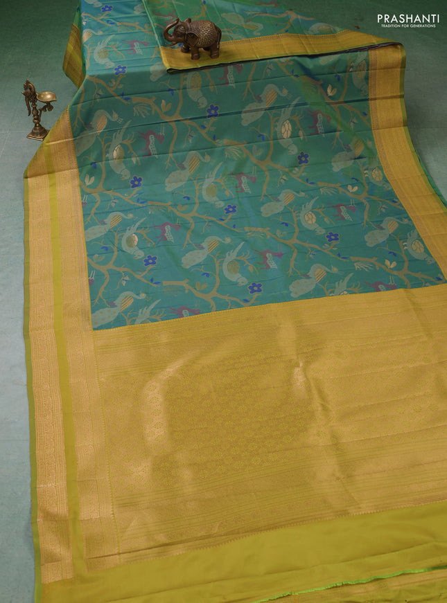Semi kanchipuram soft silk saree dual shade of bluish green and mustard green with allover thread & zari weaves and rettapet zari woven border