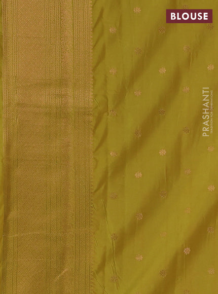 Semi kanchipuram soft silk saree dual shade of bluish green and mustard green with allover thread & zari weaves and rettapet zari woven border