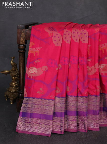 Semi kanchipuram soft silk saree pink and purple with allover thread & zari weaves and rettapet zari woven border
