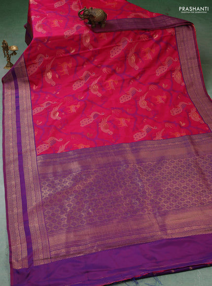 Semi kanchipuram soft silk saree pink and purple with allover thread & zari weaves and rettapet zari woven border