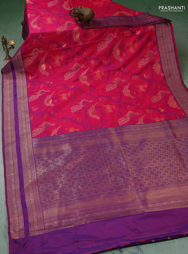 Semi kanchipuram soft silk saree pink and purple with allover thread & zari weaves and rettapet zari woven border