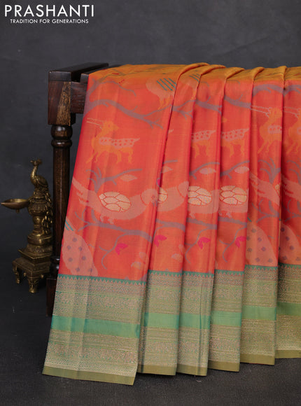 Semi kanchipuram soft silk saree rust shade and light green with allover thread & zari weaves and rettapet zari woven border