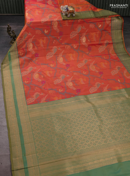 Semi kanchipuram soft silk saree rust shade and light green with allover thread & zari weaves and rettapet zari woven border