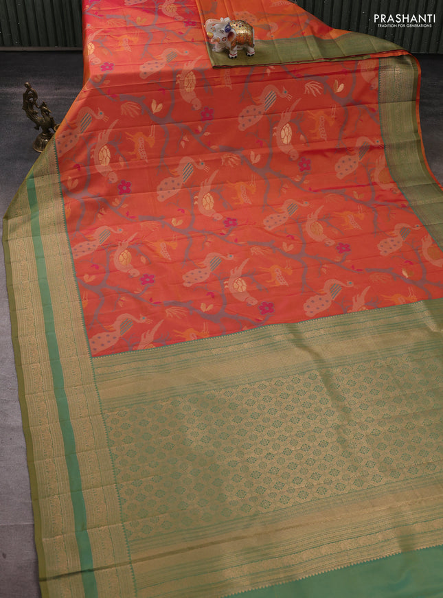 Semi kanchipuram soft silk saree rust shade and light green with allover thread & zari weaves and rettapet zari woven border