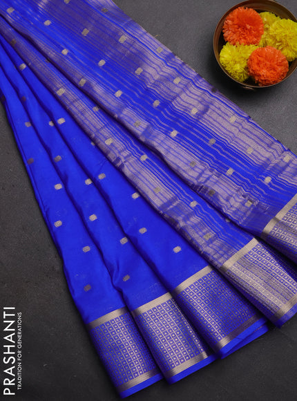 Semi mysore silk saree royal blue with allover zari woven buttas and zari woven border