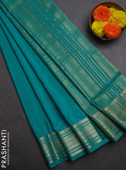 Semi mysore silk saree teal blue with plain body and zari woven border