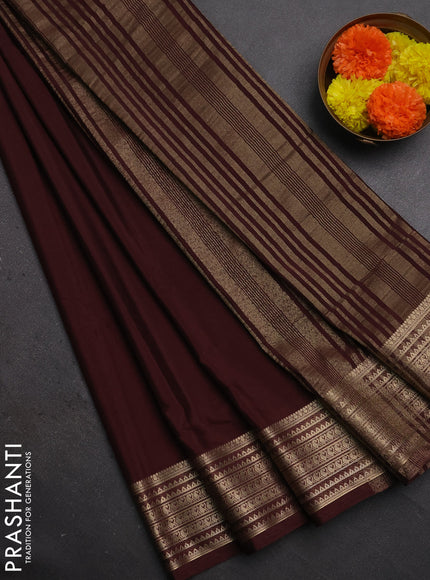 Semi mysore silk saree coffee brown with plain body and zari woven border