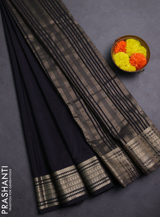 Semi mysore silk saree black with plain body and zari woven border