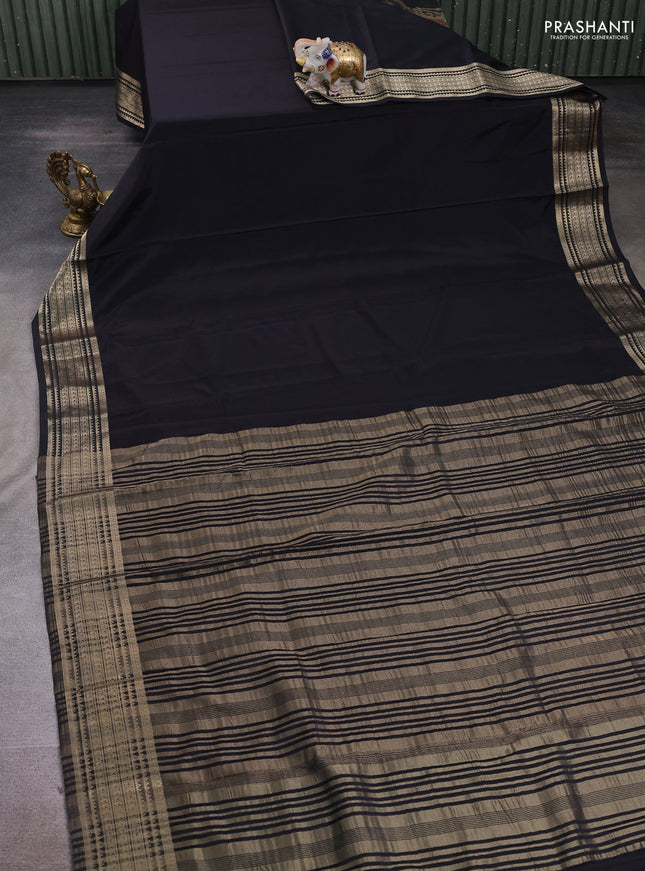 Semi mysore silk saree black with plain body and zari woven border