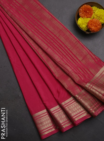 Semi mysore silk saree peach pink with plain body and zari woven border