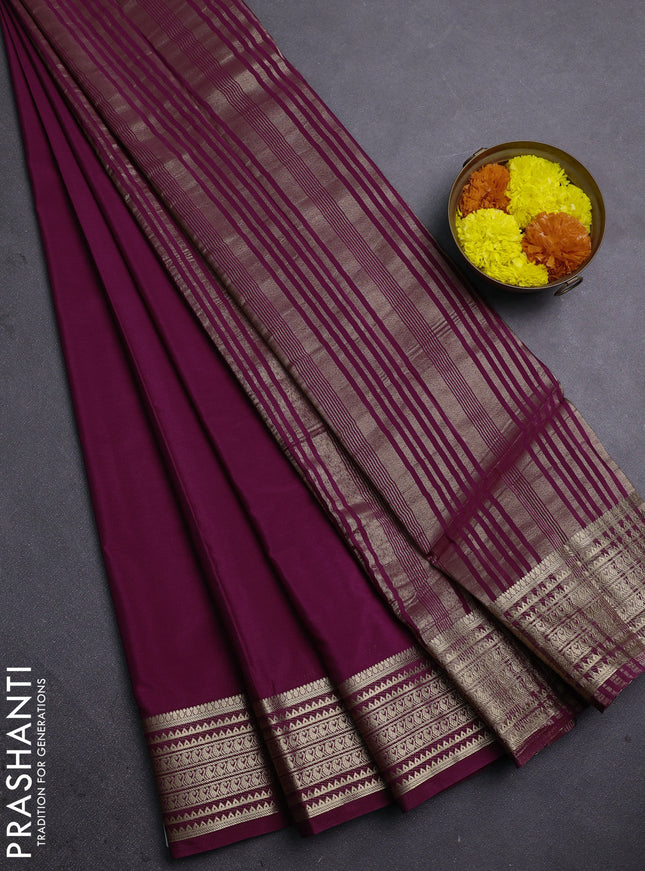 Semi mysore silk saree wine shade with plain body and zari woven border