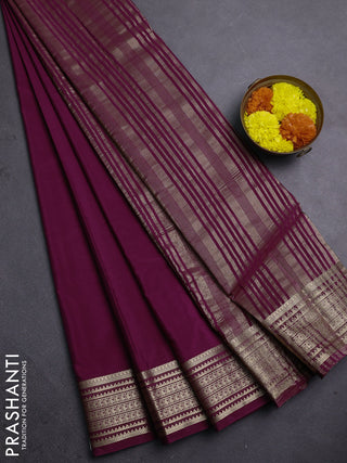 Semi mysore silk saree wine shade with plain body and zari woven border