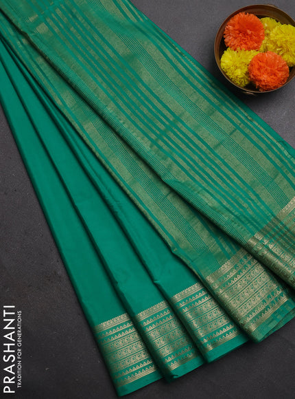 Semi mysore silk saree teal green with plain body and zari woven border